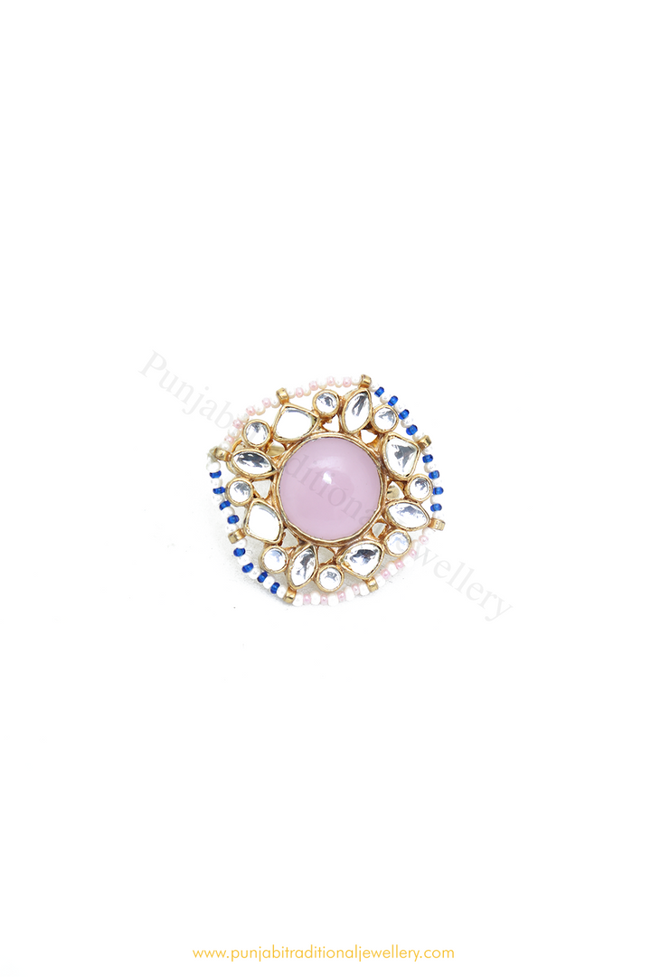 Gold Finished Pink Kundan Ring By PTJ