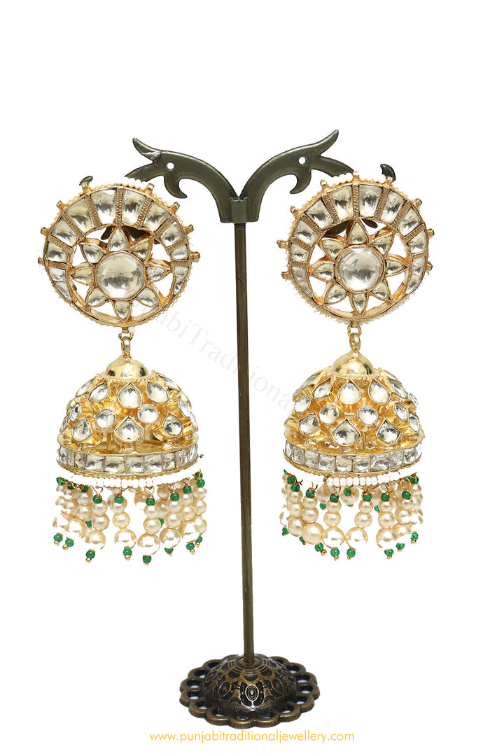 Gold Finished Kundan Pearl Jhumki Earrings by PTJ