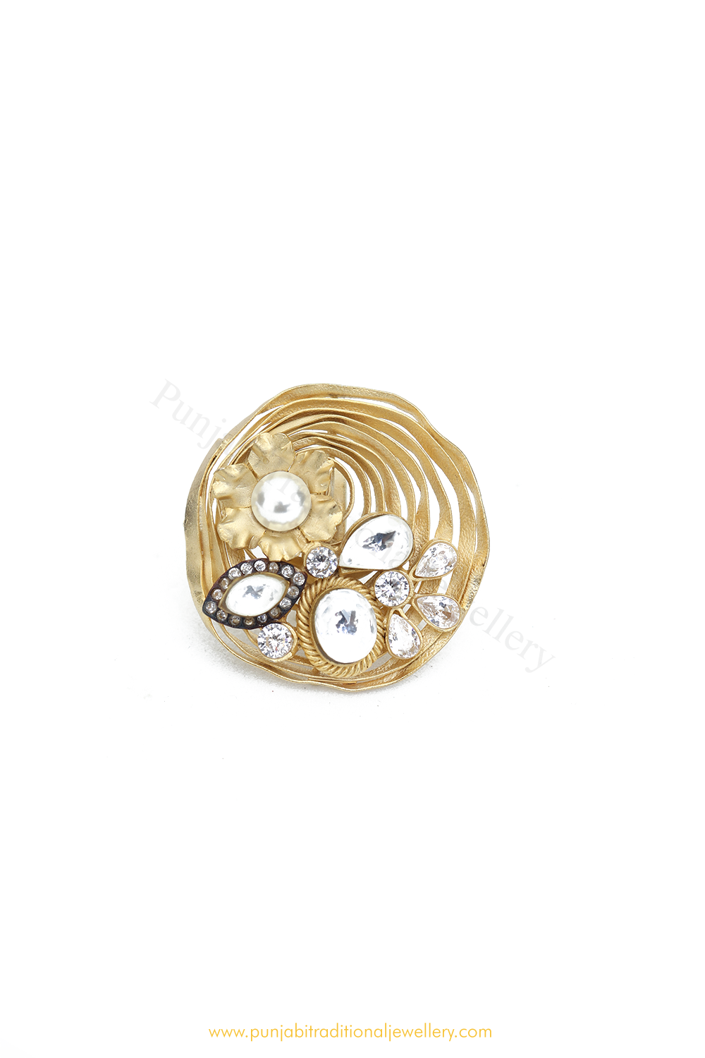 Gold Finished Navratan Kundan Ring By PTJ