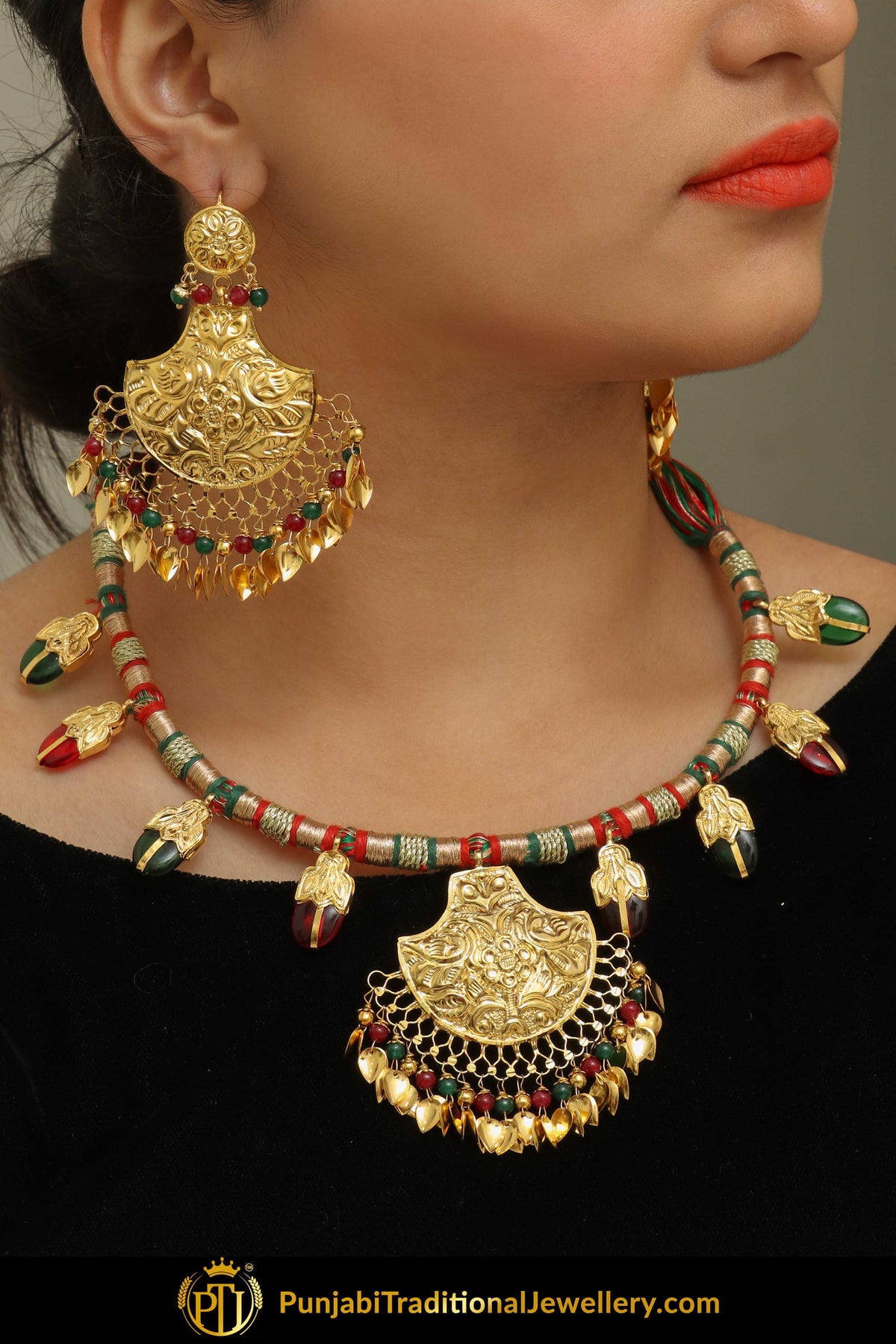 Insha Rubby Panna Pippal Patti Daakh Necklace, Tikka & Earrings | Punjabi Giddha Jewellery | Punjabi Traditional Jewellery Exclusive