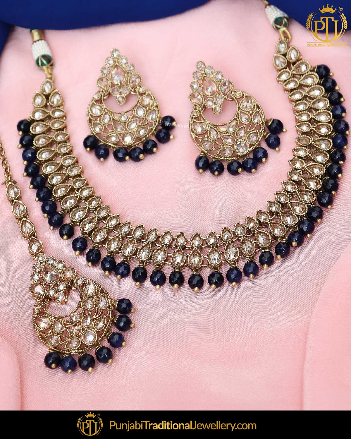 Gold Finished Champagne Stone Blue Pearl Necklace Set | Punjabi Traditional Jewellery Exclusive