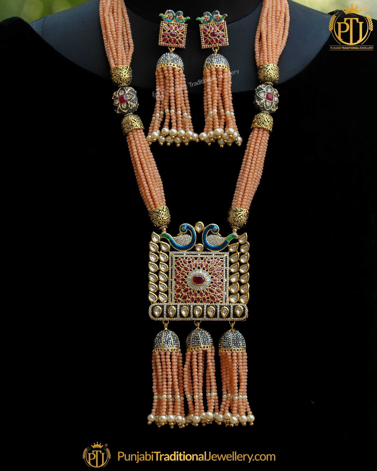 Antique Gold Finished Peach Peacock Kundan Mugal Mala Set | Punjabi Traditional Jewellery Exclusive