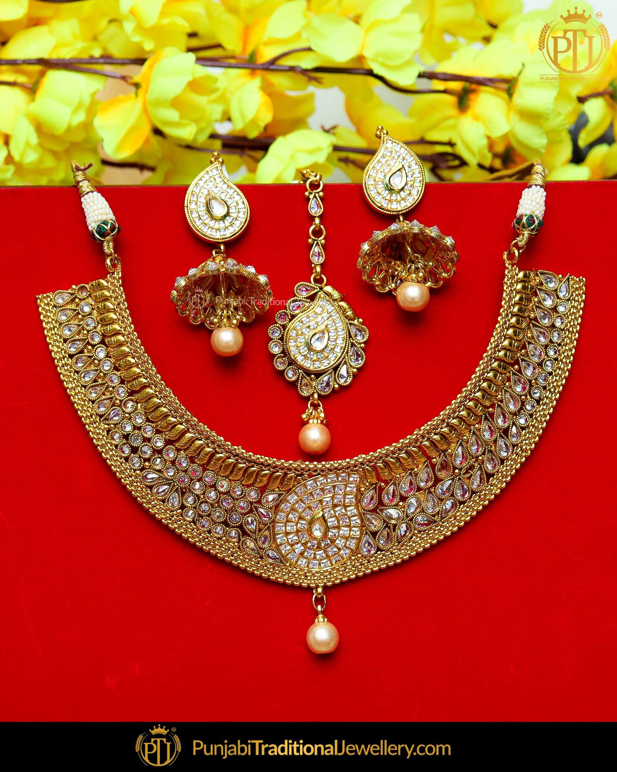 Antique Gold Finished Polki Stone Pearl Johda Necklace Set  | Punjabi Traditional Jewellery Exclusive