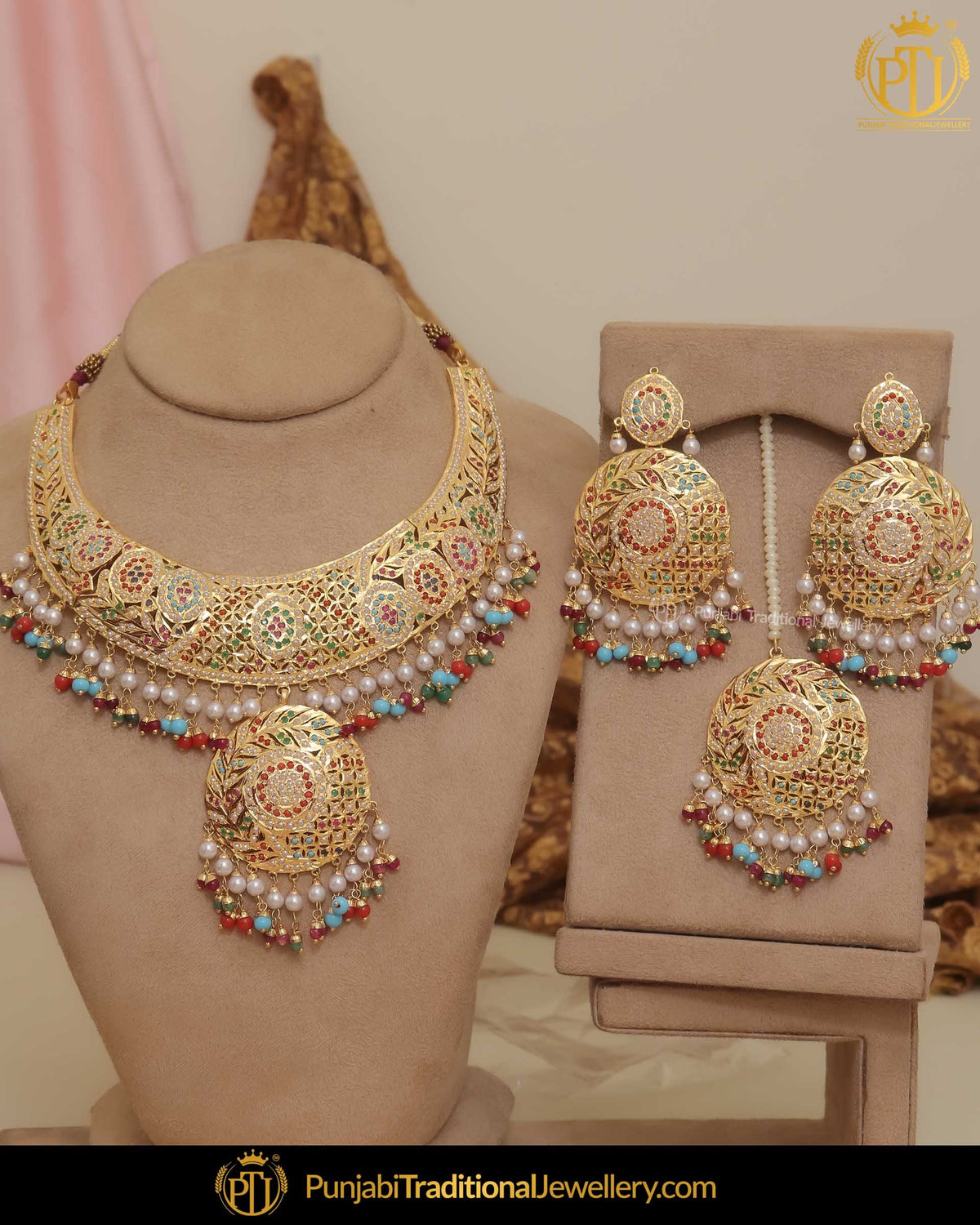 Gold Finished Navratan Pearl Choker Necklace Set | Punjabi Traditional Jewellery Exclusive