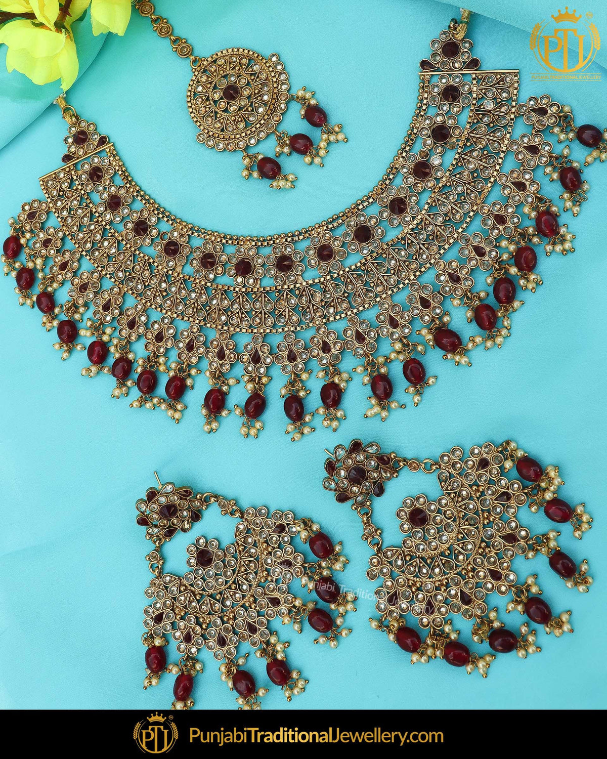 Gold Finished Rubby Champange Stone Necklace Set | Punjabi Traditional Jewellery Exclusive