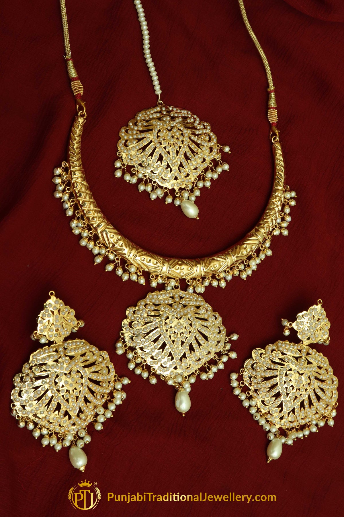 Hayfa Gold Finished Hasli Necklace, Tikka & Earrings | Punjabi Traditional Jewellery Exclusive