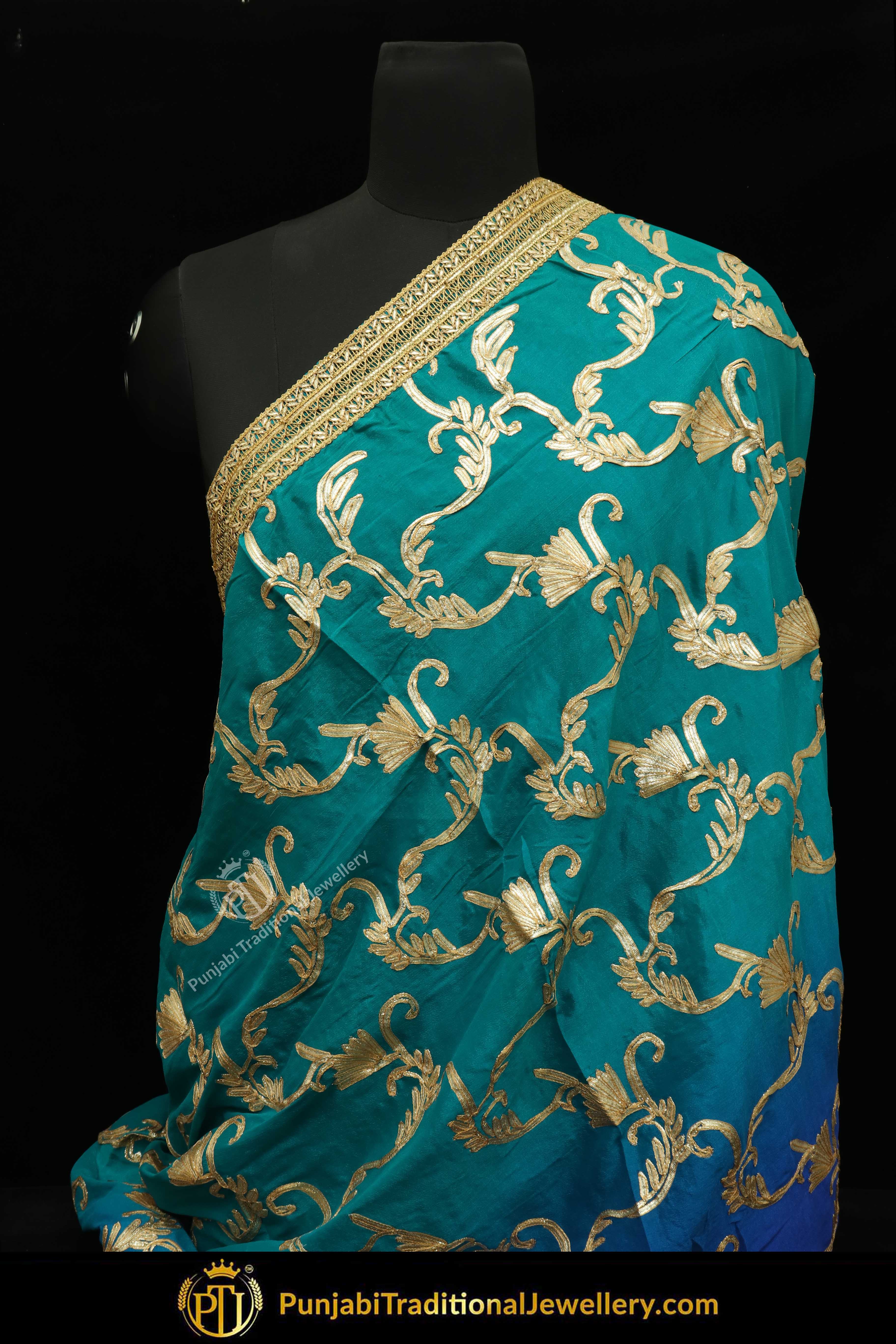 Firozi & Blue Color Pure Phulkari Dupatta By Punjabi Traditional Jewellery