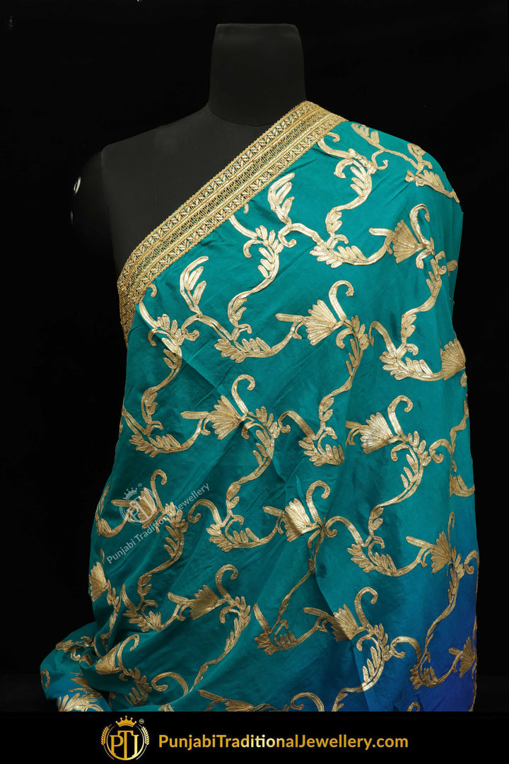 Firozi & Blue Color Pure Phulkari Dupatta By Punjabi Traditional Jewellery