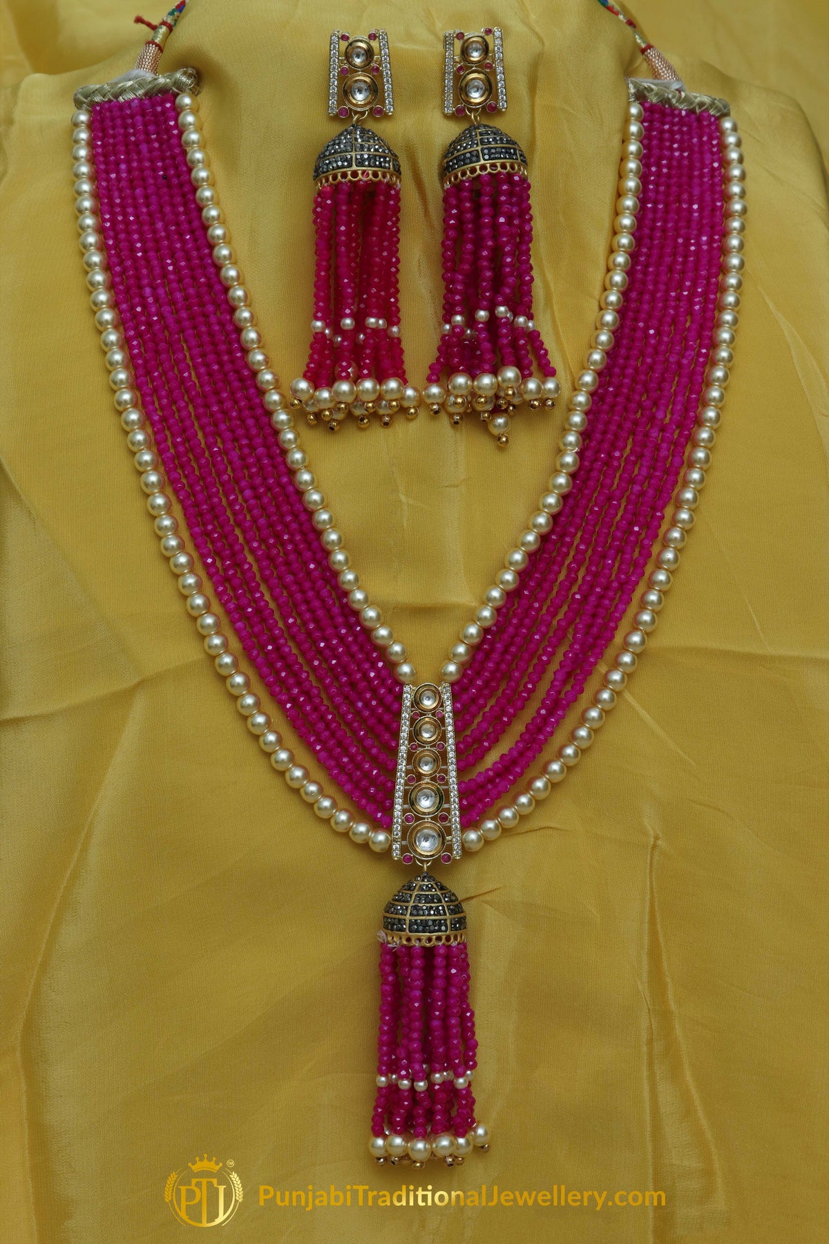 Farzana Gold Finished Hot Pink Mala Necklace With Earrings  | Punjabi Traditional Jewellery Exclusive