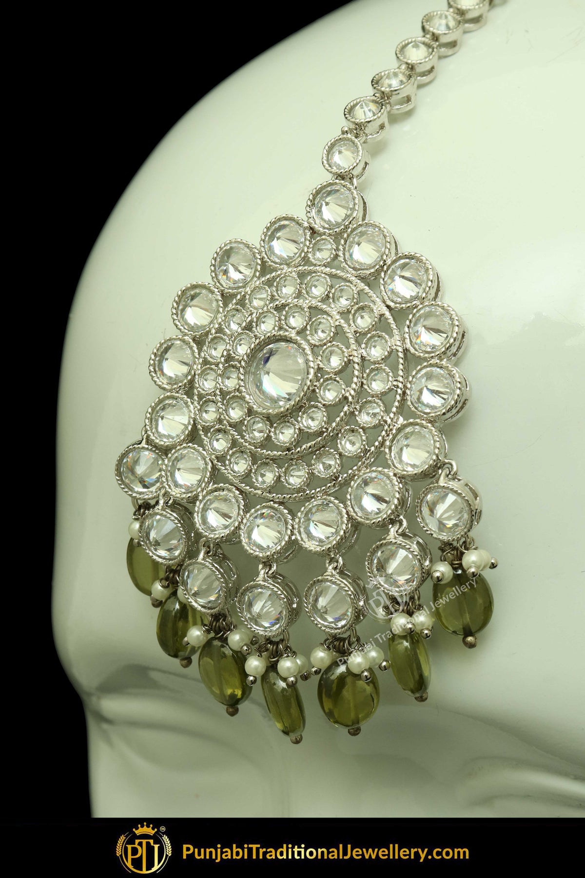 Silver Finished Polki Stone Pista Green Drops Earrings & Tikka Set By Punjabi Traditional Jewellery