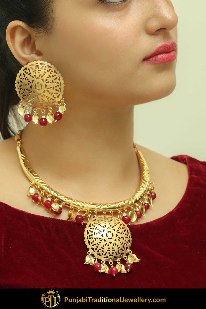Hayam Gold Finished Rubby Pippal Patti Hasli Earrings & Necklace | Punjabi Traditional Jewellery Exclusive