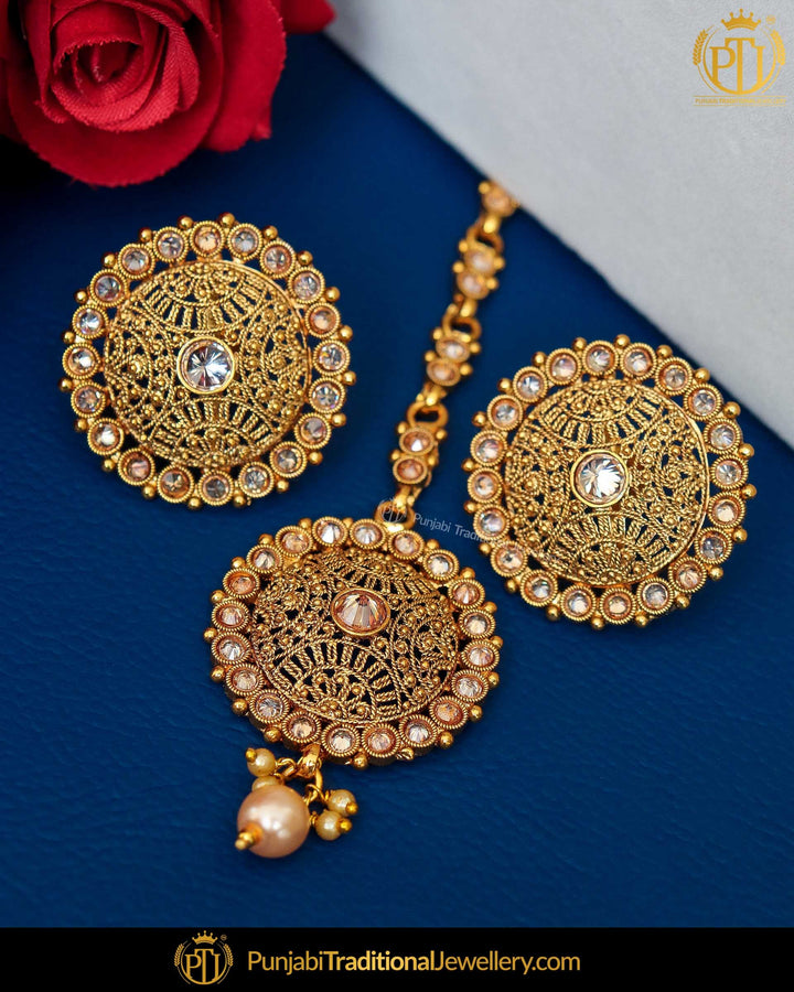 Gold Finished Chamapgne Stone Pearl Stud Earrings & Tikka | Punjabi Traditional Jewellery Exclusive