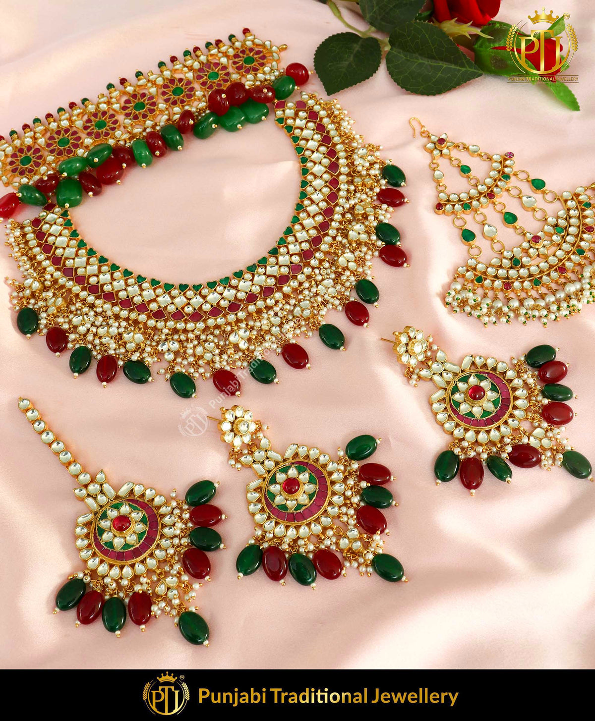 Kundan Rubby Emerald Pearl Bridal Necklace Set With Passa | Punjabi Traditional Jewellery Exclusive