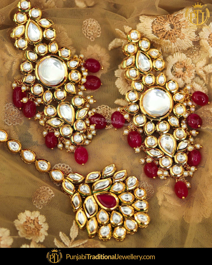 Gold Finished Kundan Rubby Pearl Earrings & Tikka Set | Punjabi Traditional Jewellery Exclusive