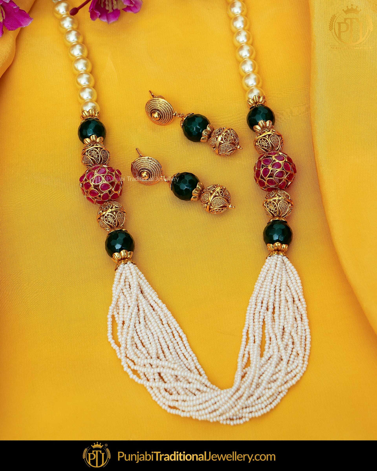 Antique Gold Finished Rubby Emerald  Johda Long Set  | Punjabi Traditional Jewellery Exclusive