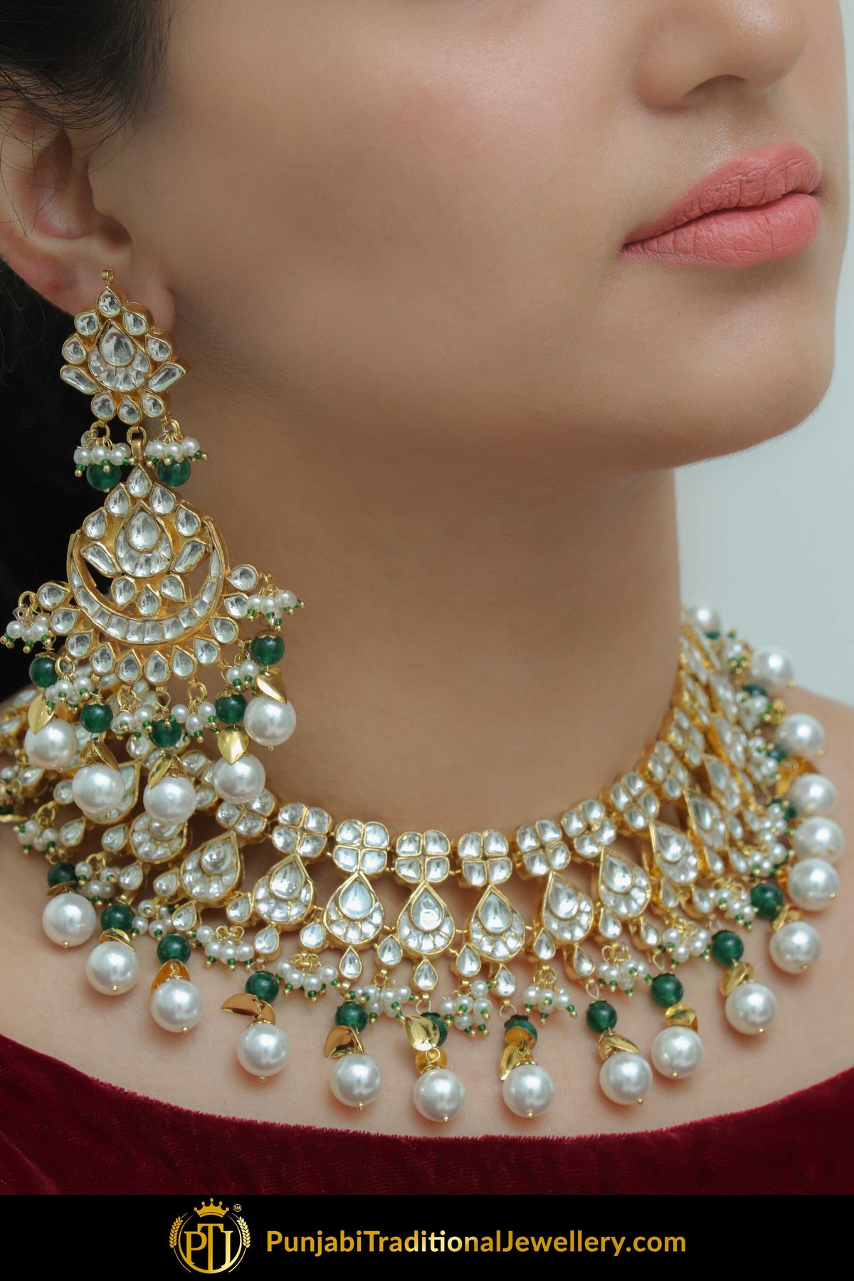 Durrah Emerald Kundan Pearl Necklace Set | Punjabi Traditional Jewellery Exclusive