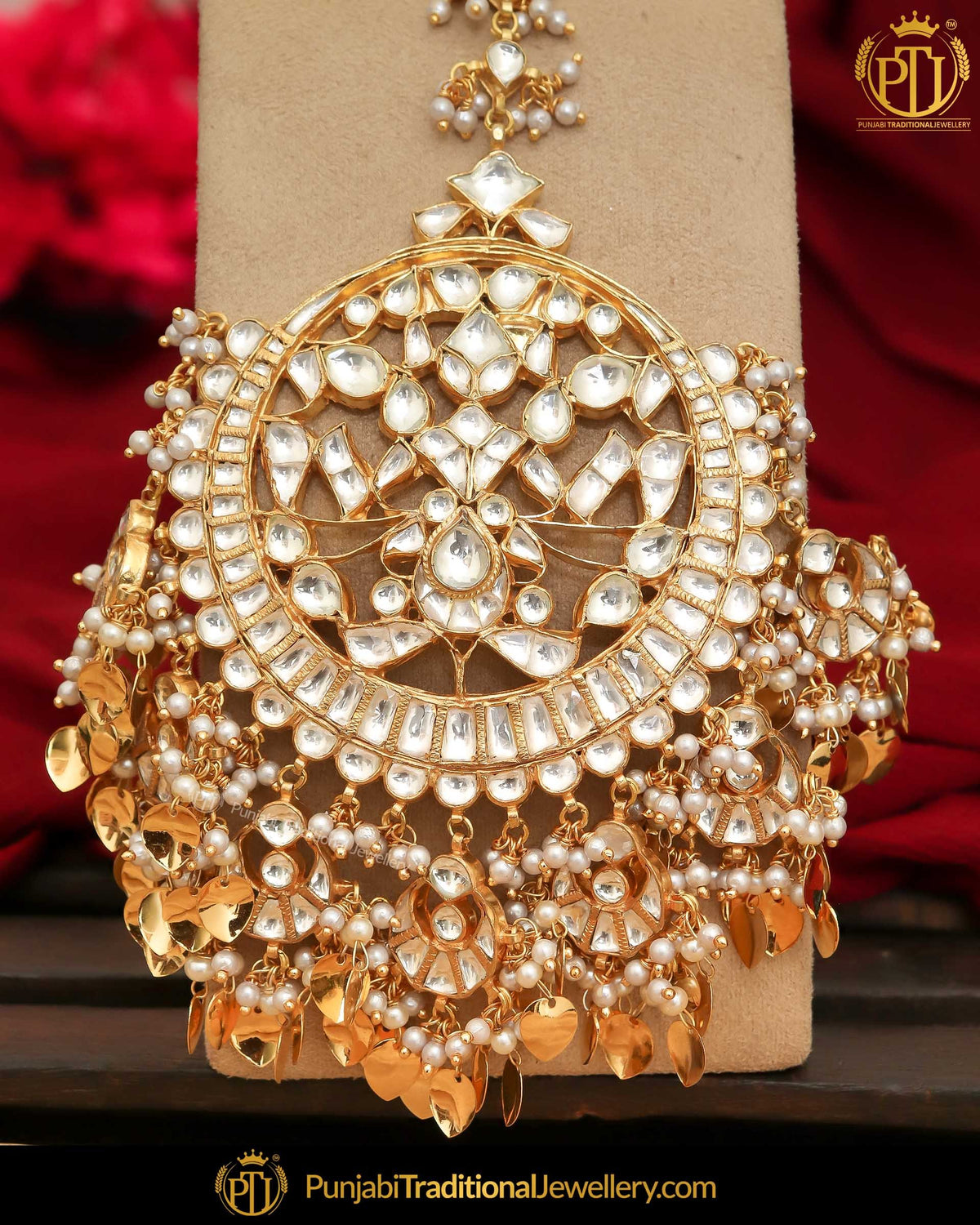 Gold Finished Kundan Pippal Patti Pearl Tikka | Punjabi Traditional Jewellery Exclusive