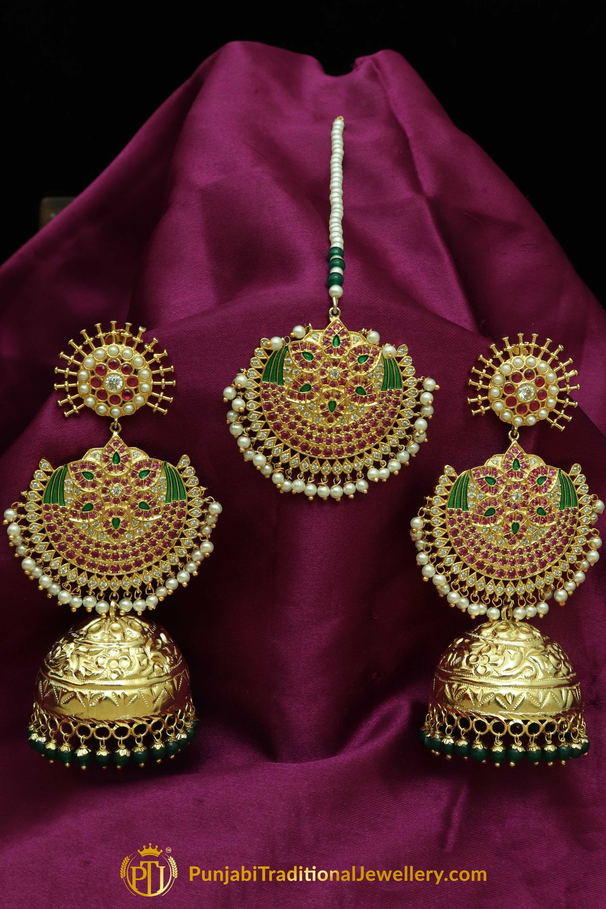 Ibtisam Gold Finished Pink Jhumki Earring Tikka Set | Punjabi Traditional Jewellery Exclusive
