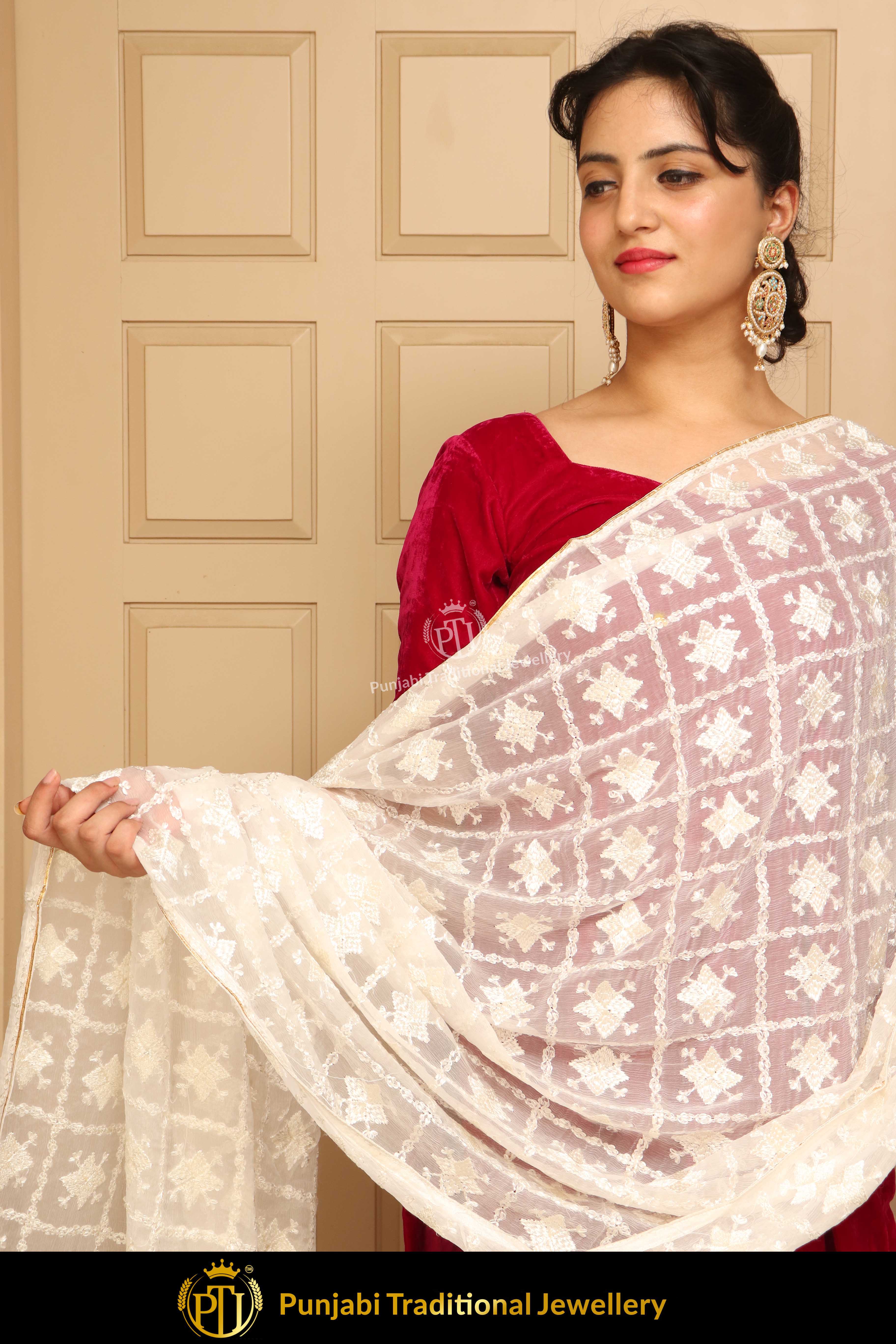 White Color Pure Phulkari Dupatta By Punjabi Traditional Jewellery
