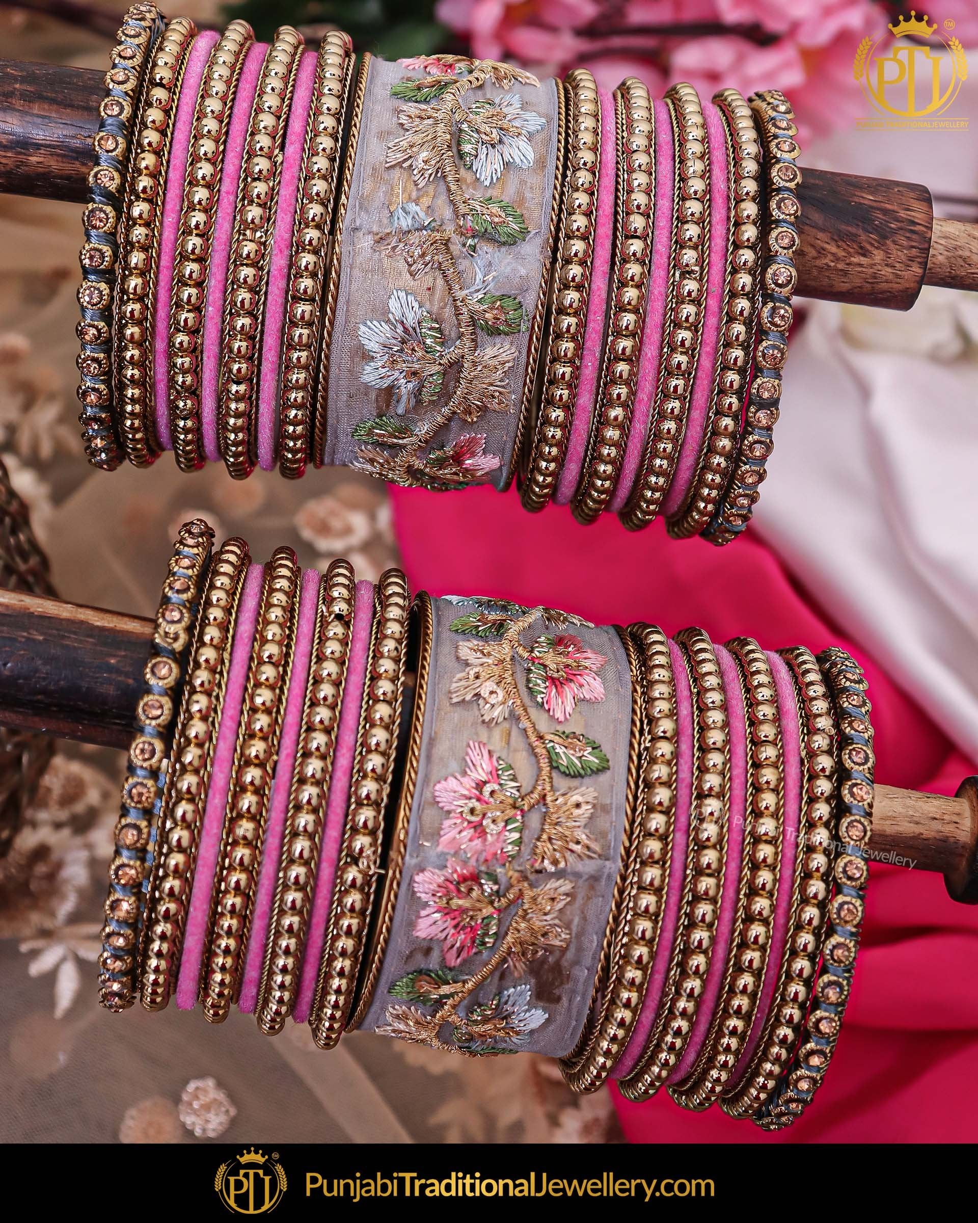 Antique Gold Hand Embroidered Bangles Set For Both Hands |  Punjabi Traditional Jewellery Exclusive