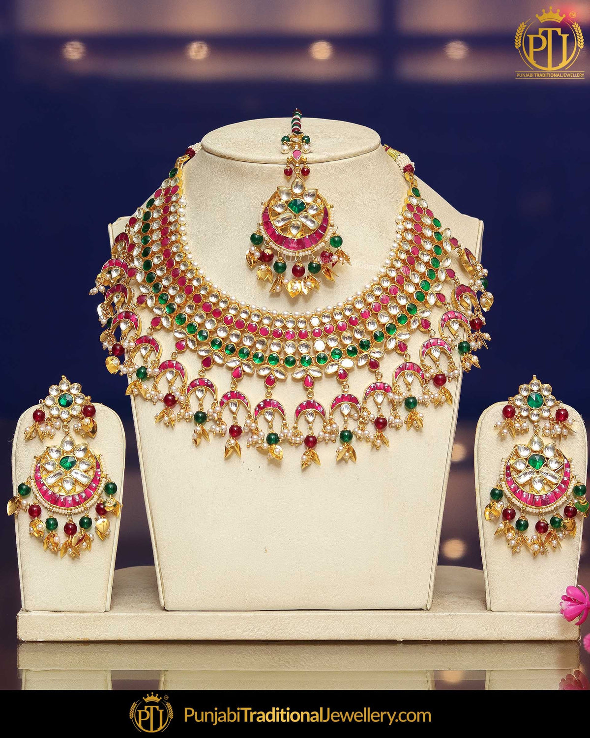 Gold Finished Pippal Patti Rubby Panna Kundan Pearl Necklace Set | Punjabi Traditional Jewellery Exclusive