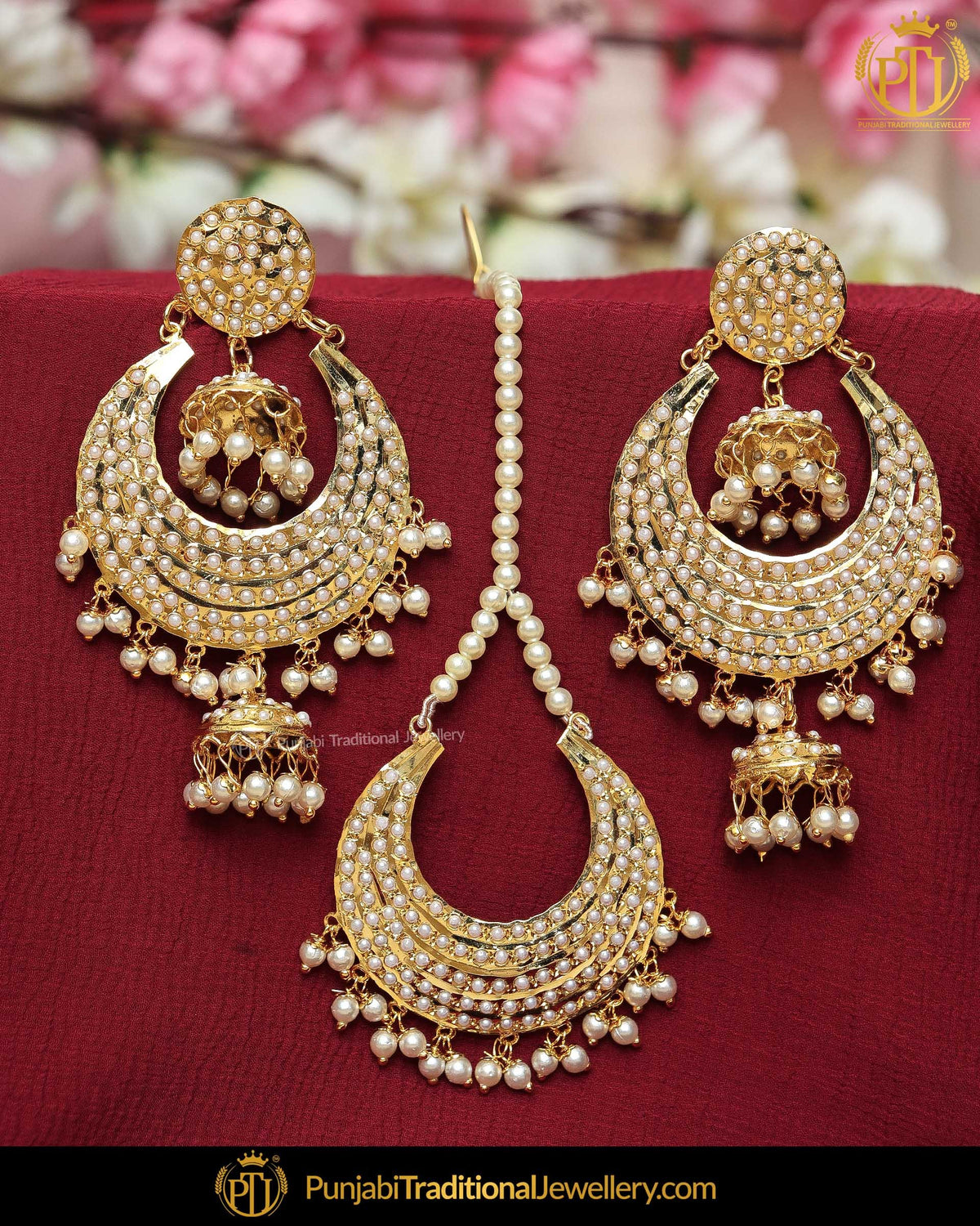 Gold Finished Jadau Pearl Earring Tikka Set  | Punjabi Traditional Jewellery Exclusive