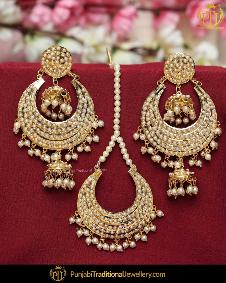 Gold Finished Jadau Pearl Earring Tikka Set  | Punjabi Traditional Jewellery Exclusive