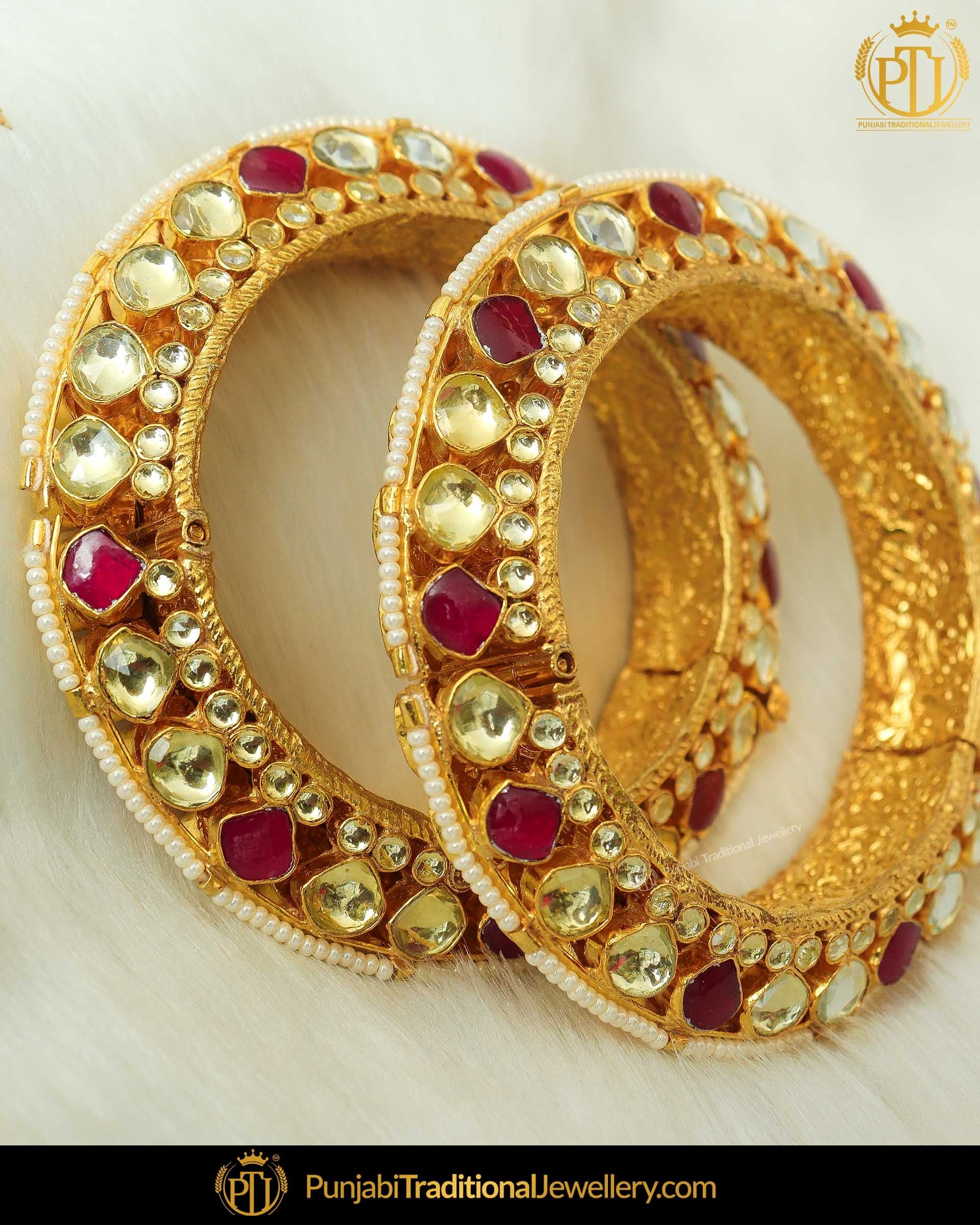 Gold Finished Kundan Pearl Rubby Karra Bangles (Pair)| Punjabi Traditional Jewellery Exclusive