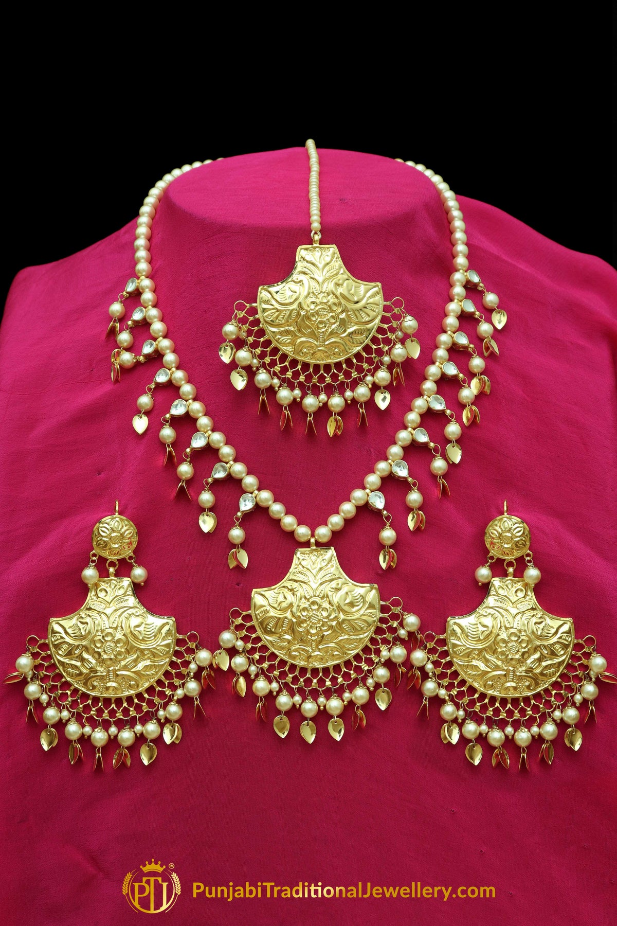 Haziqah Gold Finished Pearl Pippal Patti Necklace, Tikka & Earrings | Punjabi Traditional Jewellery Exclusive