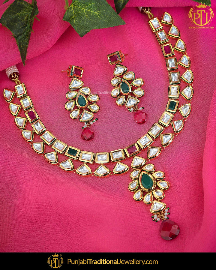 Gold Finished Rubby Emerald Kundan Necklace Set | Punjabi Traditional Jewellery Exclusive