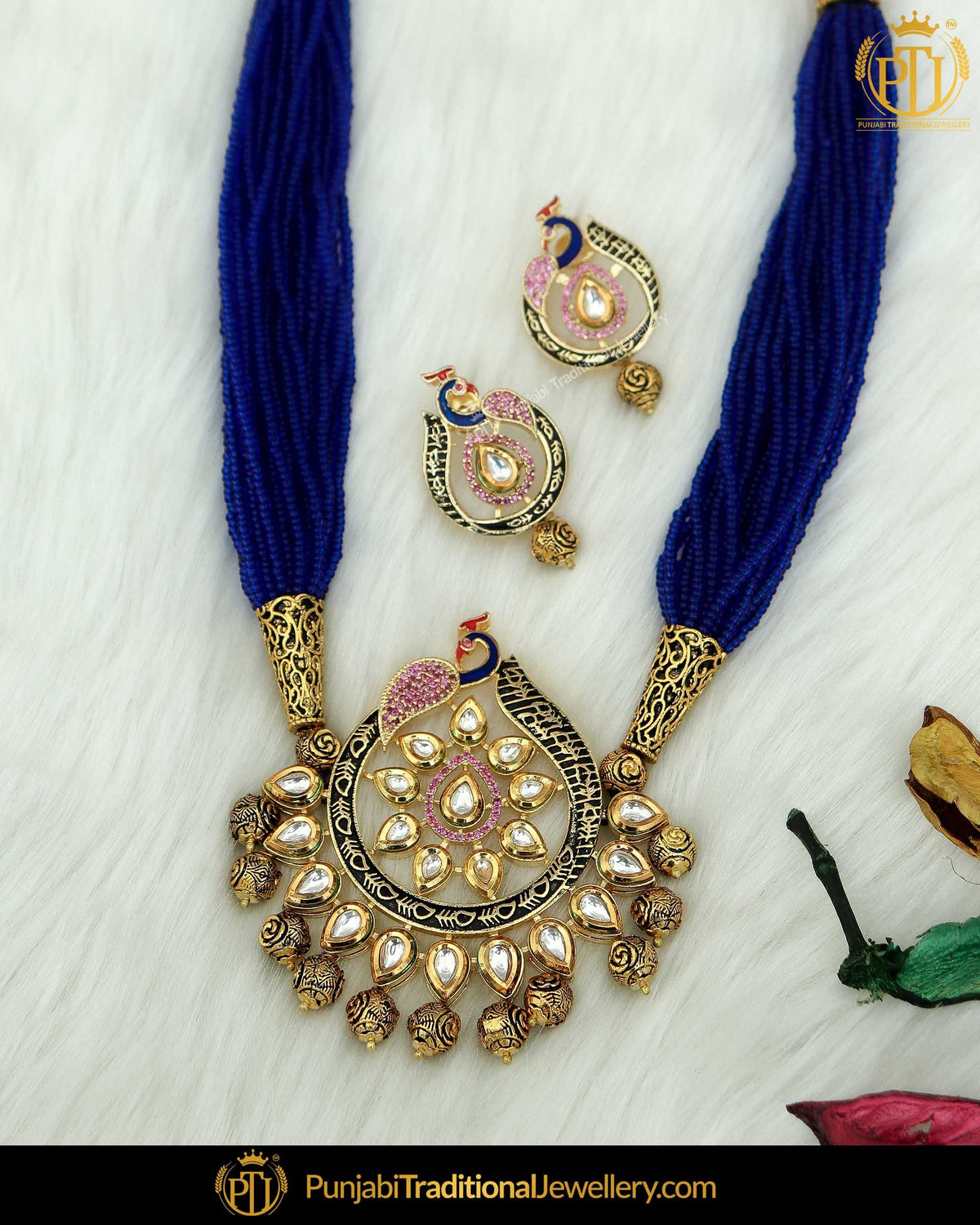 Gold Finished Blue Pearl Kundan Mala Necklace Set | Punjabi Traditional Jewellery Exclusive