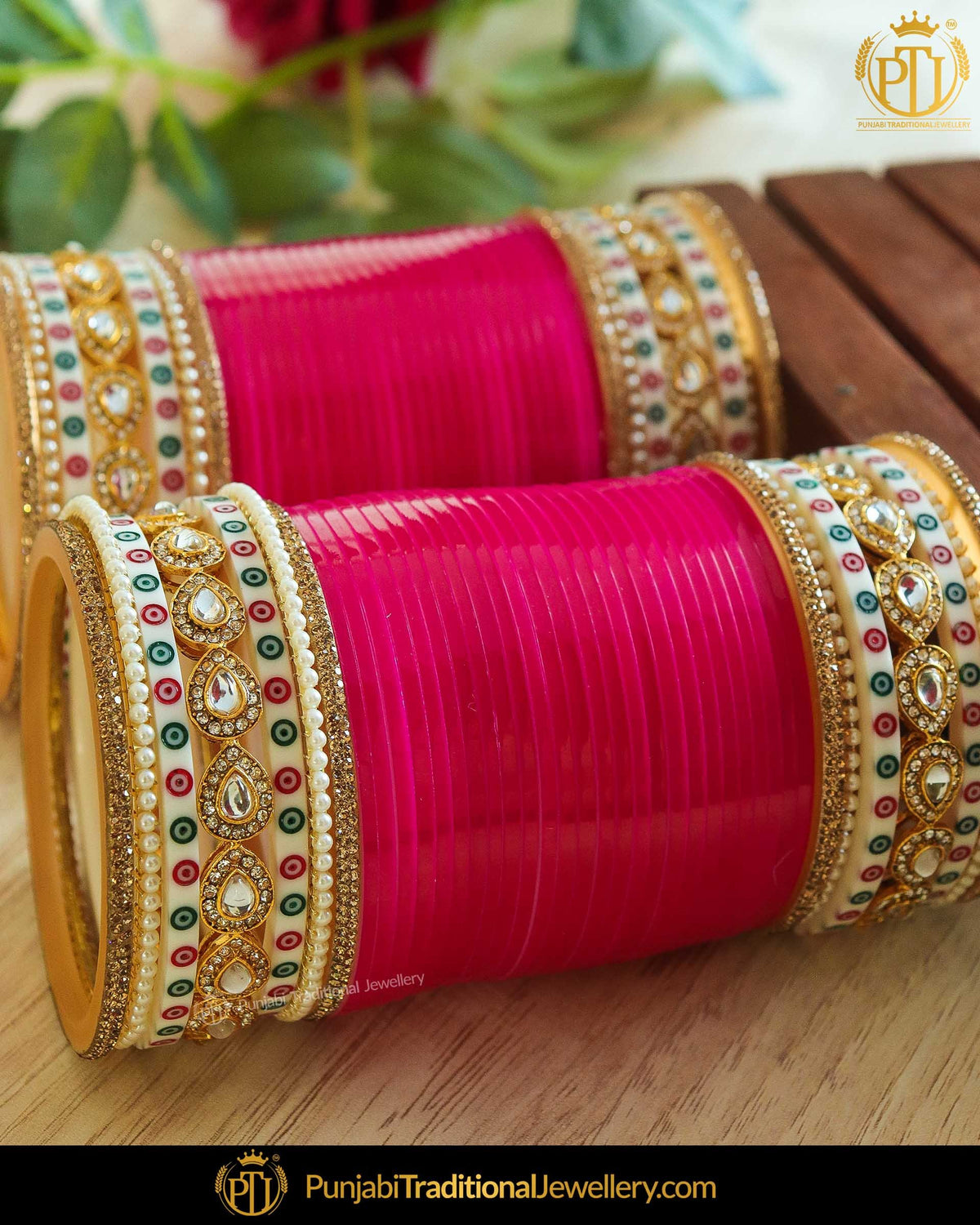 Dotted Magenta Champagne Stone Bridal Chura | Punjabi Traditional Jewellery Exclusive