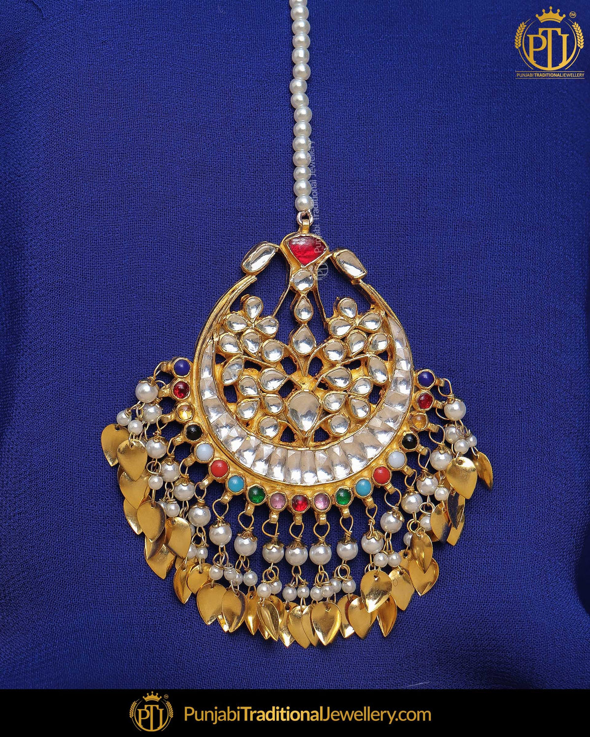 Gold Finished Navratan Pippal Patti Kundan Pearl Tikka | Punjabi Traditional Jewellery Exclusive