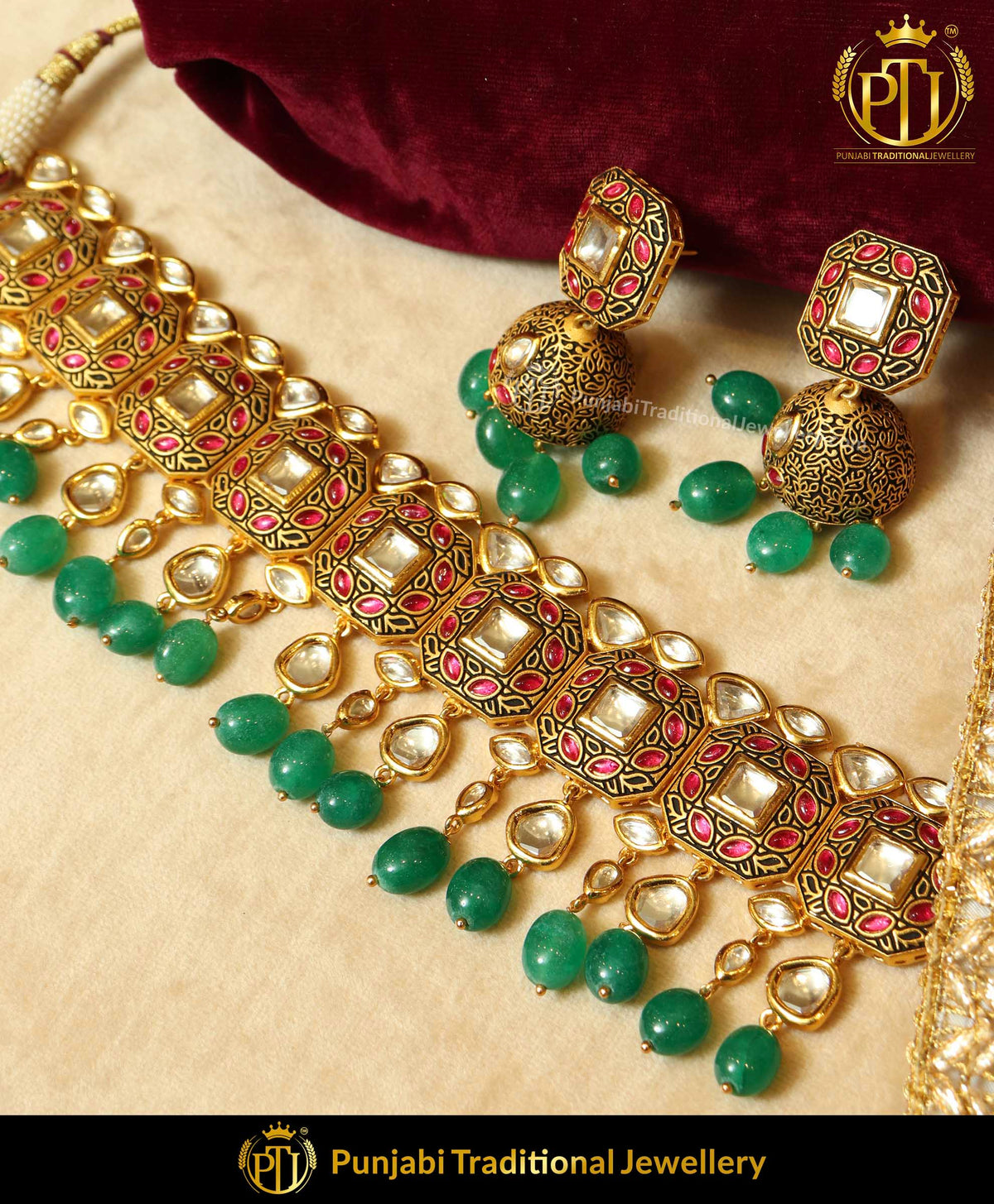 Kane Hand Painted Emerald Rubby Kundan Necklace Set & Earrings | Punjabi Traditional Jewellery Exclusive