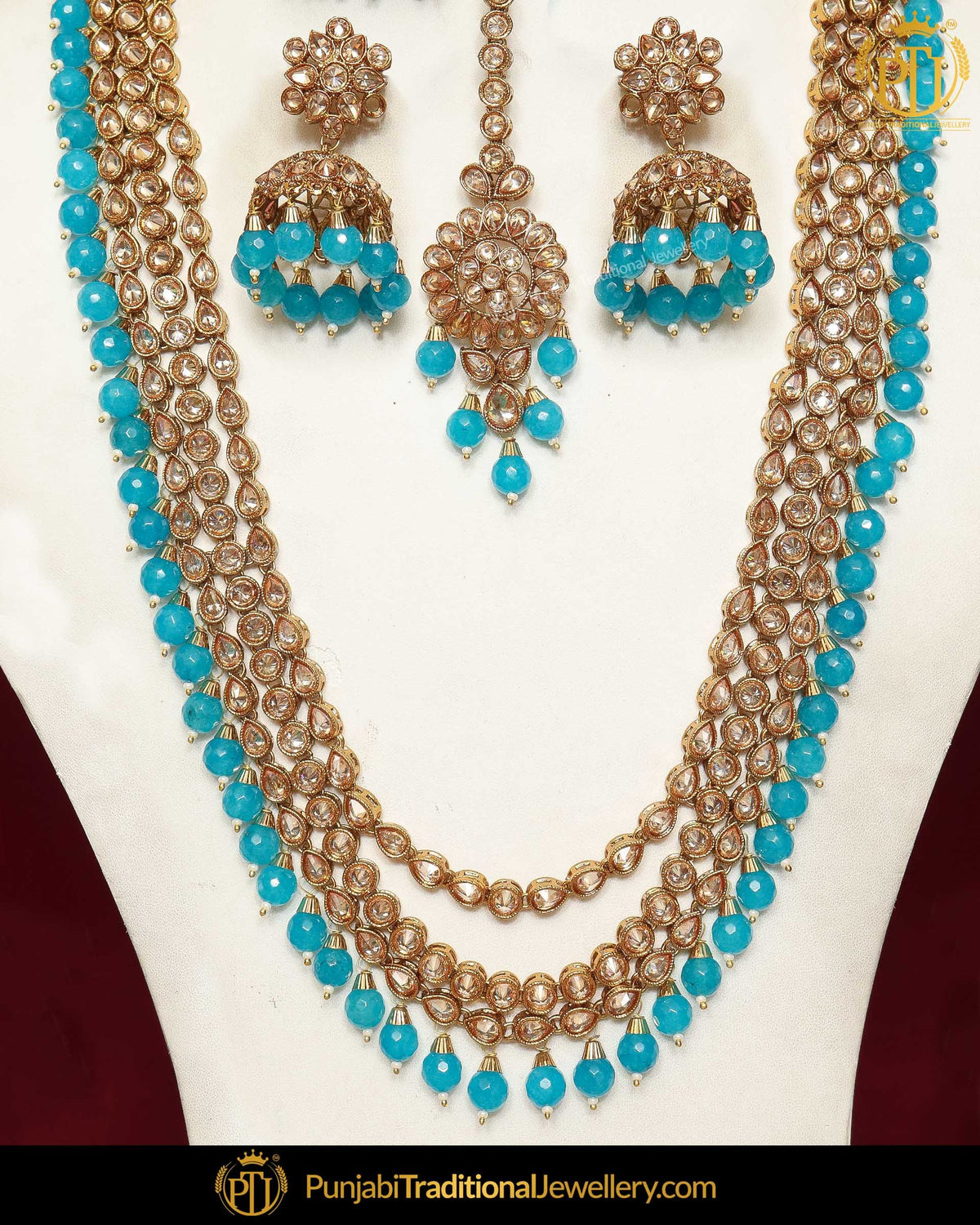 Gold Finished Firozi Chamapgne Stone Pearl Necklace Set | Punjabi Traditional Jewellery Exclusive