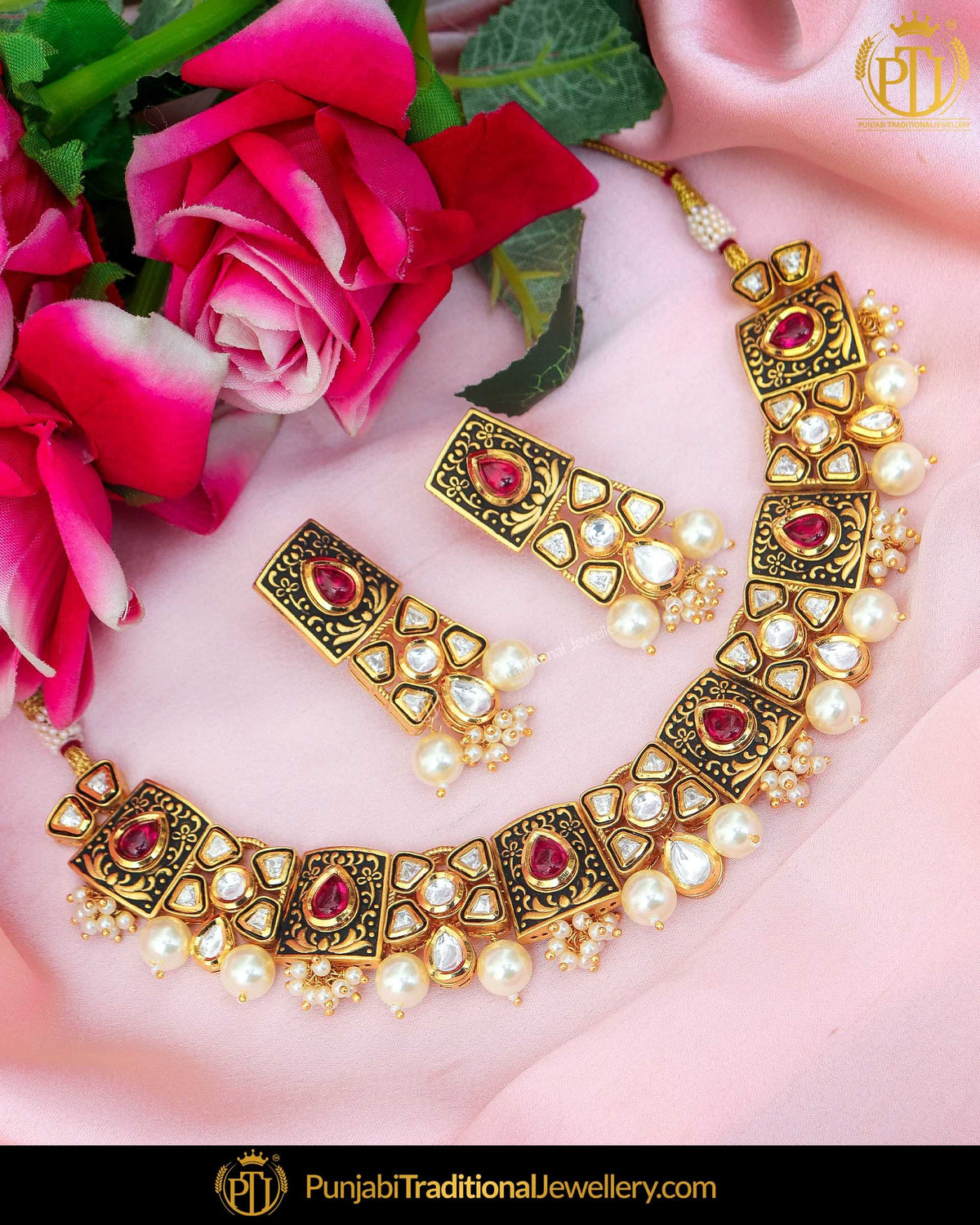 Hand Painted Meena Rubby Kundan Pearl Necklace Set | Punjabi Traditional Jewellery Exclusive