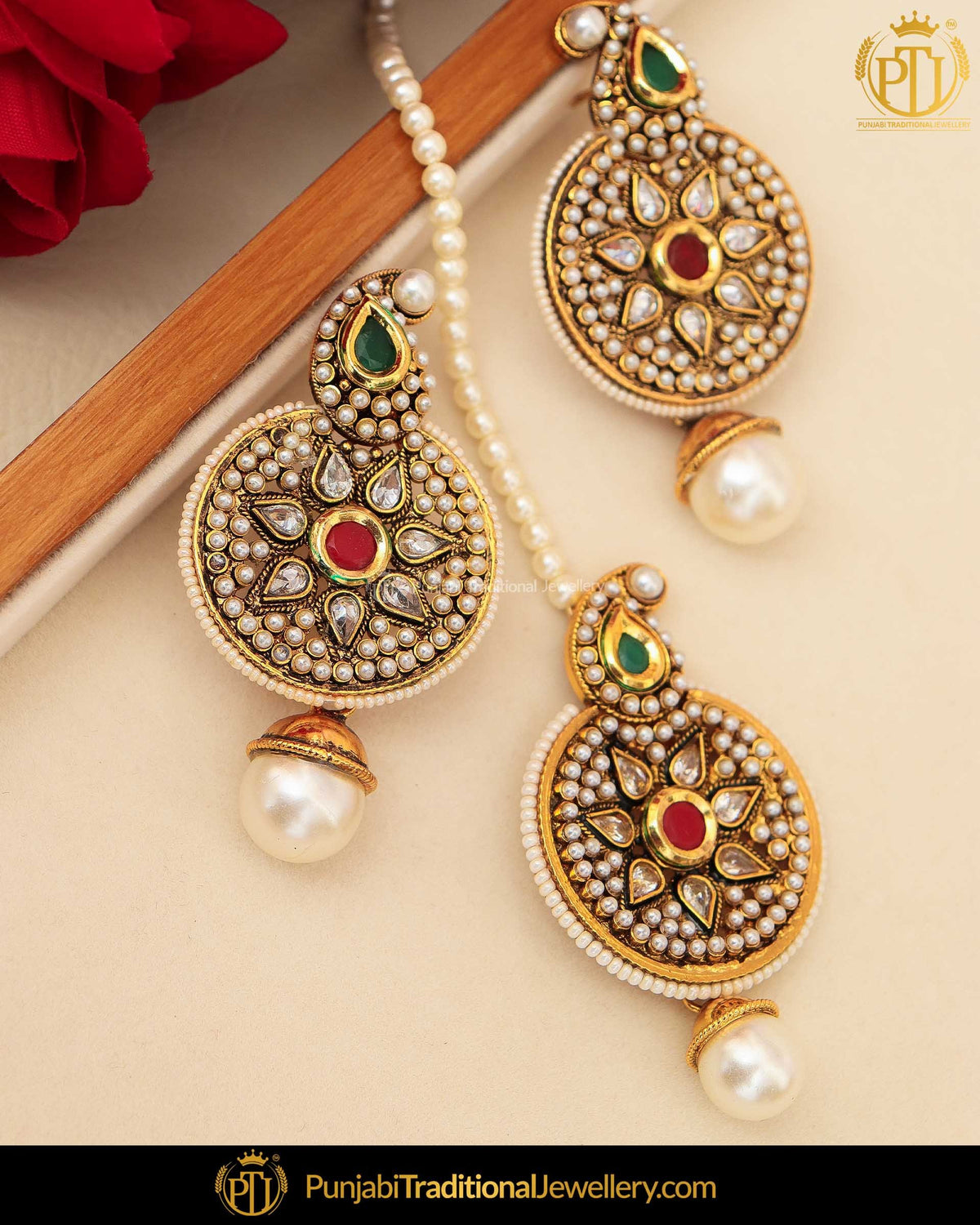 Gold Finished Polki Stone Emerald Rubby Pearl Earring Tikka Set | Punjabi Traditional Jewellery Exclusive
