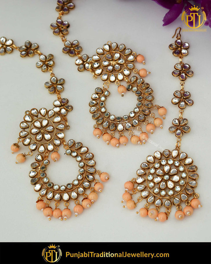 Gold Finished Peach Pearl Kundan Sahare Earrings & Tikka Set | Punjabi Traditional Jewellery Exclusive