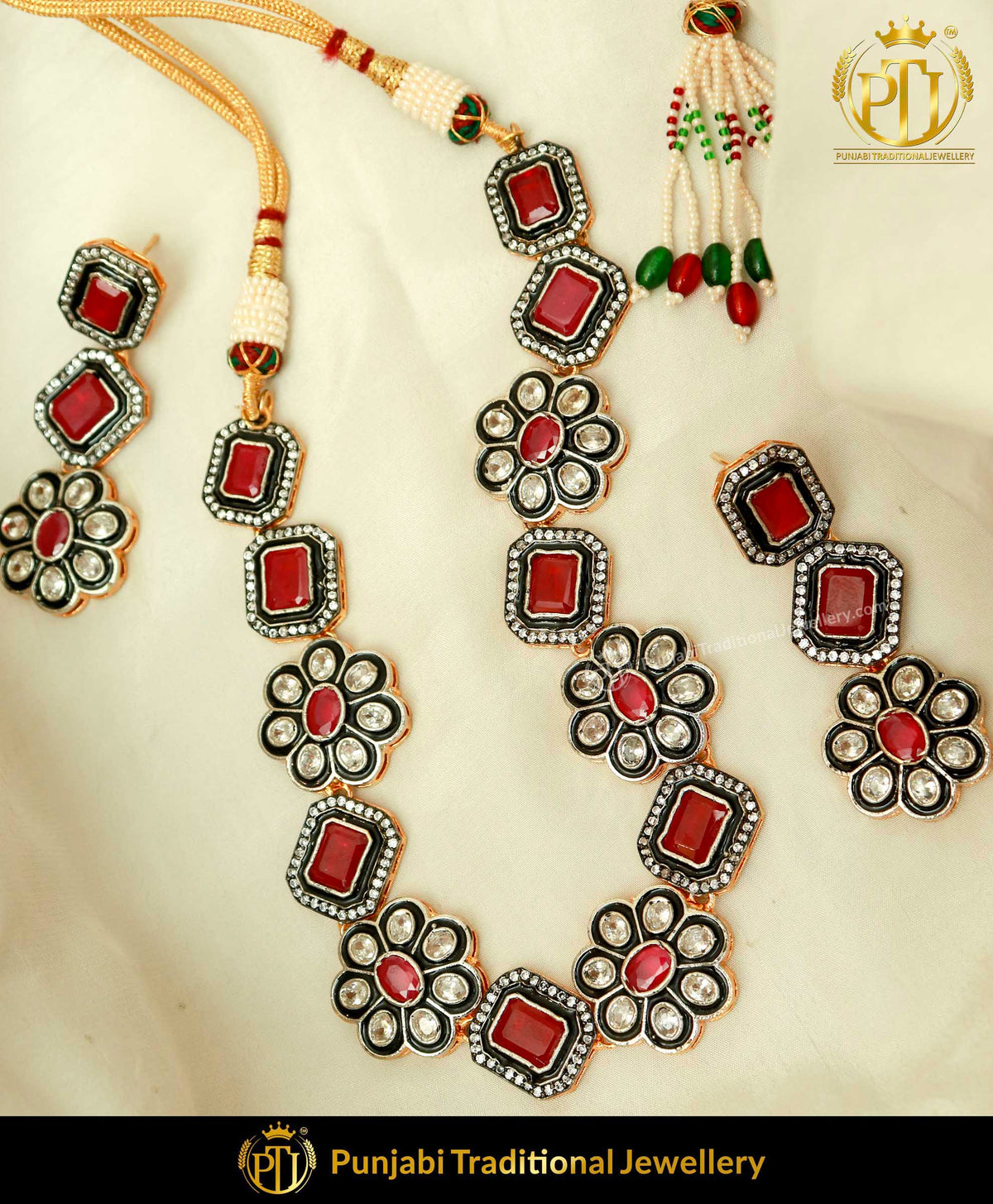 Black With Rubby Victorian Necklace & Earrings | Punjabi Traditional Jewellery Exclusive