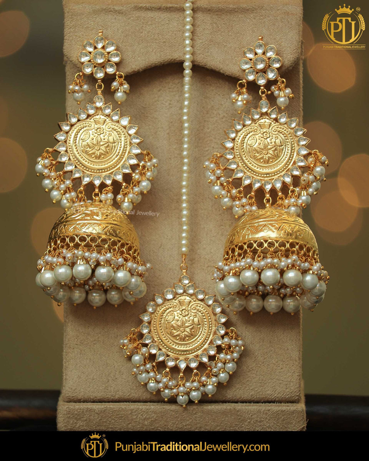 Gold Finished Jhumki Pearl Kundan Patra Earrings & Tikka Set | Punjabi Traditional Jewellery Exclusive