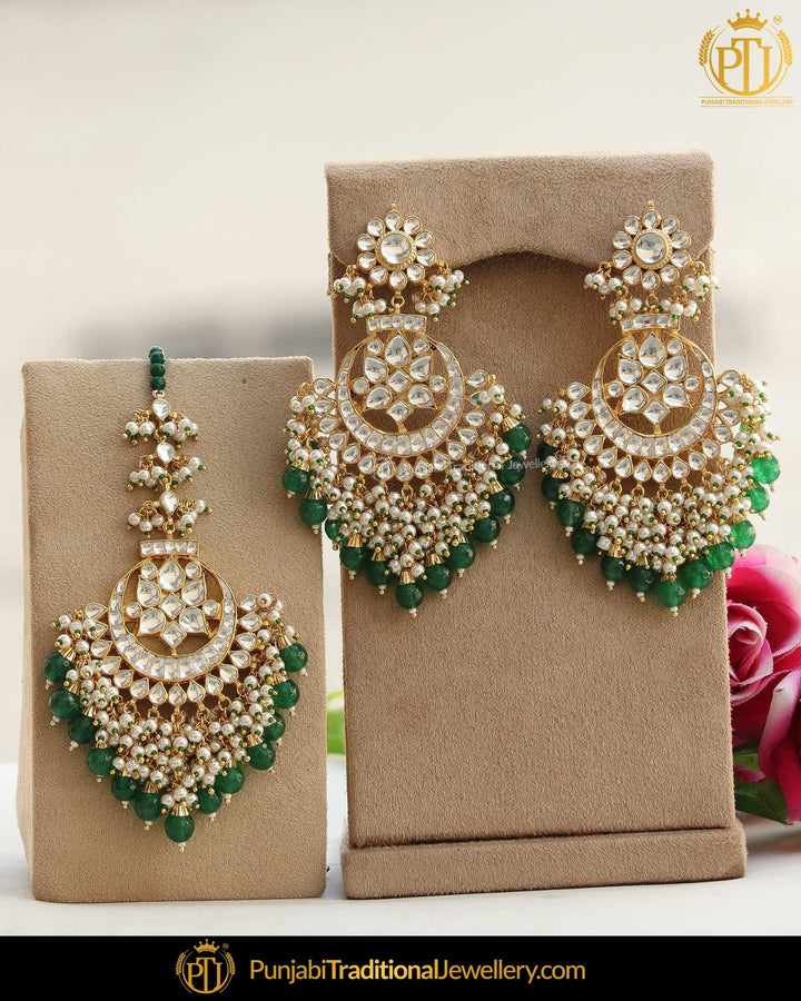 Gold Finsihed Emerald Kundan Pearl Earring Tikka Set | Punjabi Traditional Jewellery Exclusive