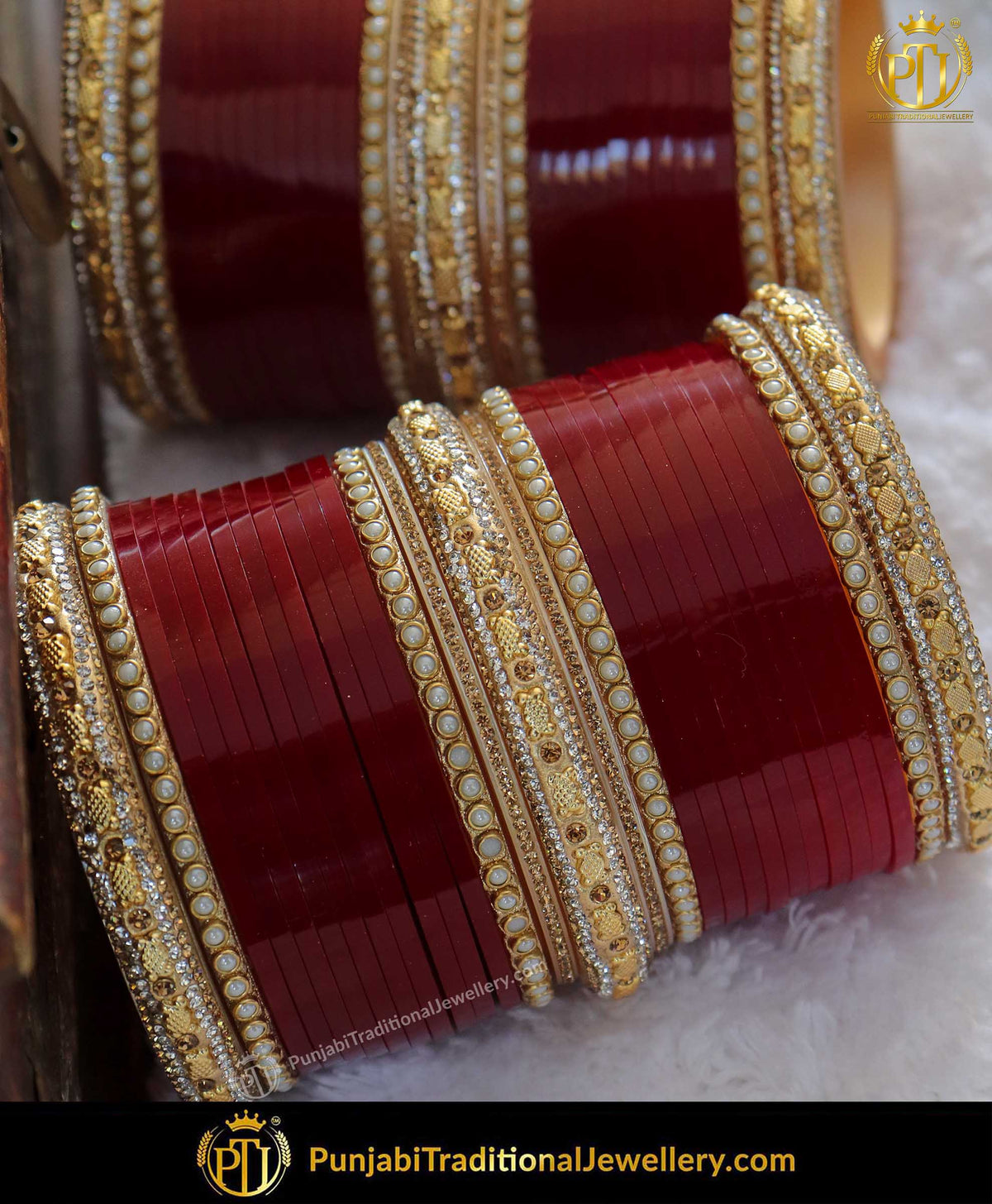 Red Antique Gold Jerkan Bangle Pearl Bridal Chura | Punjabi Traditional Jewellery Exclusive
