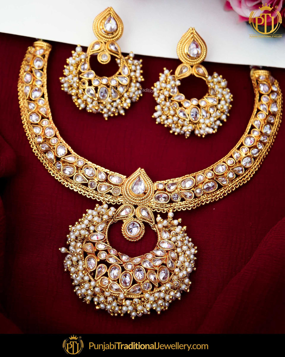 Antique Gold Finished Champagne Stone Pearl Necklace Set  | Punjabi Traditional Jewellery Exclusive