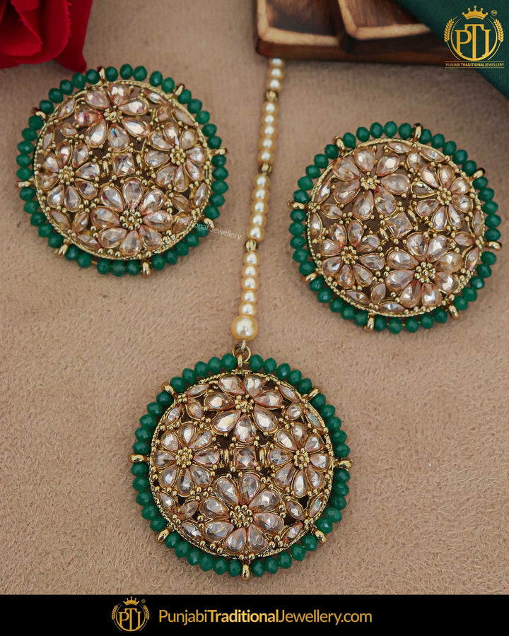 Gold Finished Green Champagne Stone Stud Earring Tikka Set | Punjabi Traditional Jewellery Exclusive