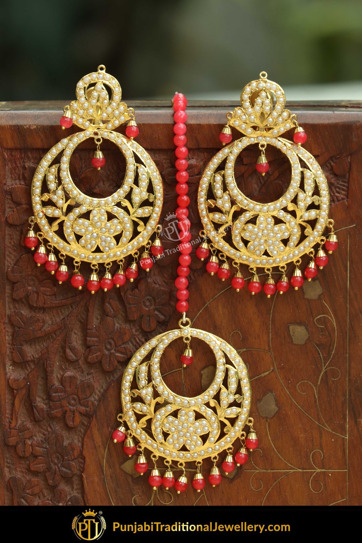 Gold Finished Rubby Jadau Pearl Earring Tikka Set | Punjabi Traditional Jewellery Exclusive