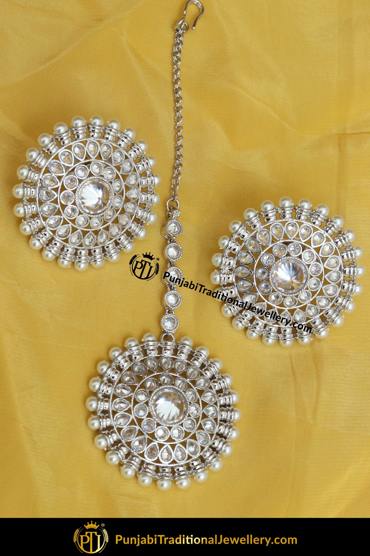 Khidrah Silver Finished Pearl Stud Earring Tikka Set | Punjabi Traditional Jewellery Exclusive