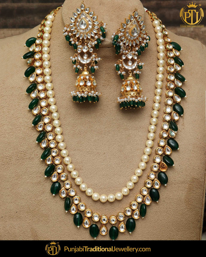 Gold Finished Emerald Pearl Kundan Mala Necklace Set | Punjabi Traditional Jewellery Exclusive