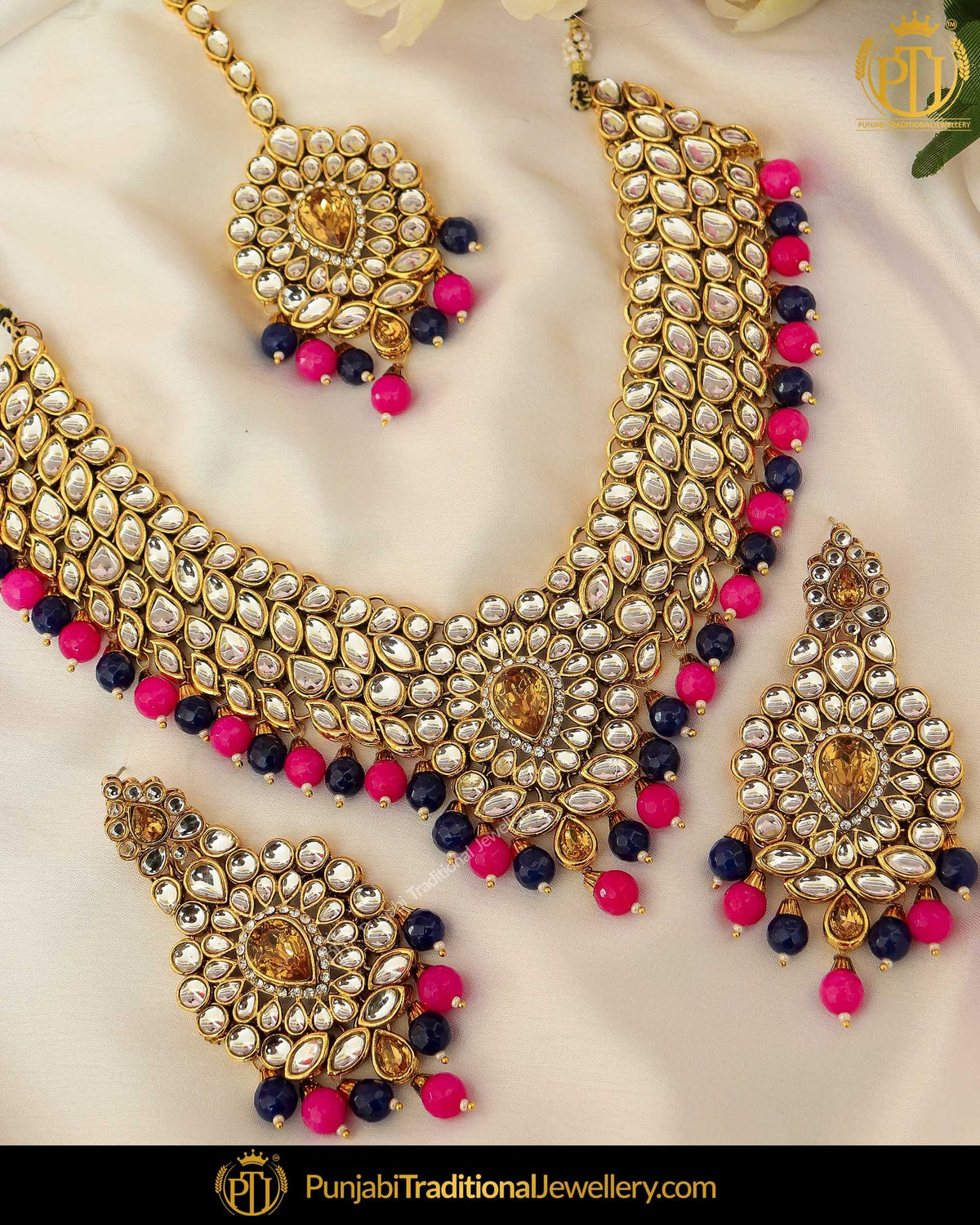 Gold Finished Blue Pink Kundan Pearl Necklace Set | Punjabi Traditional Jewellery Exclusive