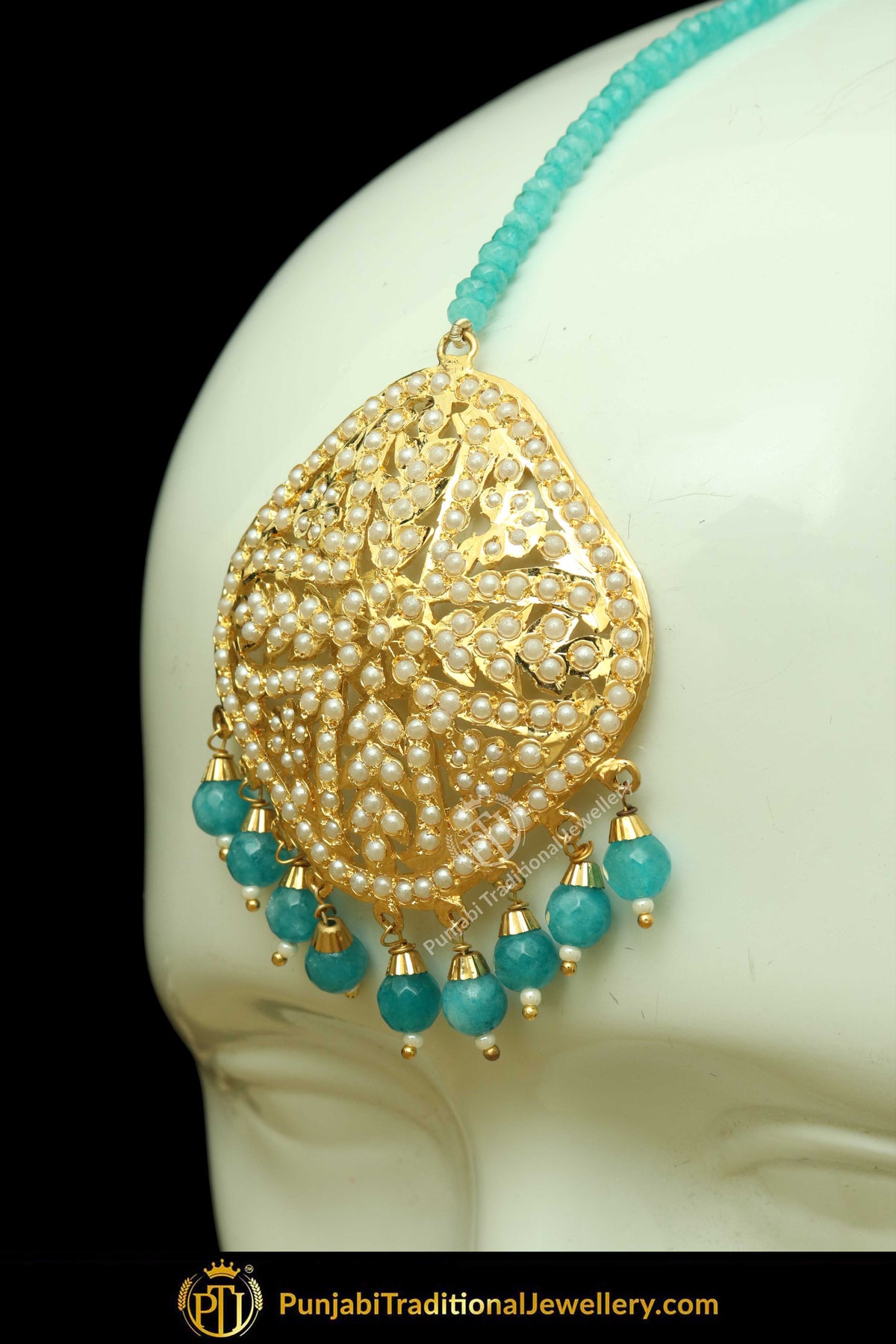 Gold Finished Firozi Jadau Pearl Earring Tikka Set | Punjabi Traditional Jewellery Exclusive