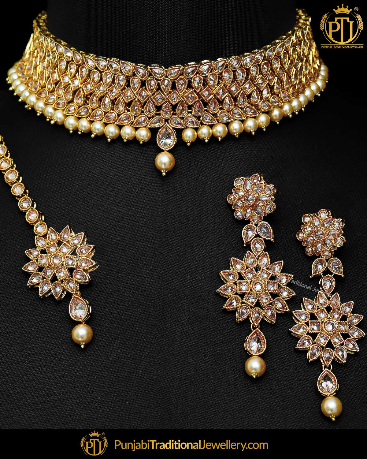 Gold Finished Champagne Stone Pearl Choker Necklace Set  | Punjabi Traditional Jewellery Exclusive